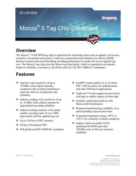 Monza 5 Tag Chip Datasheet 